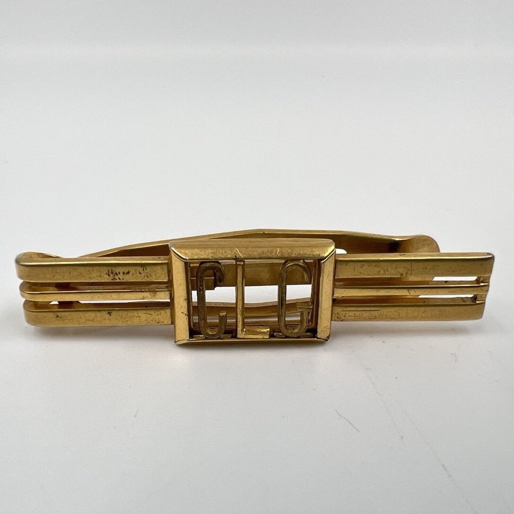 Vintage Swank Tie Clip Bar Tack Clasp Initials Monogram CLG Men Gift Art Deco